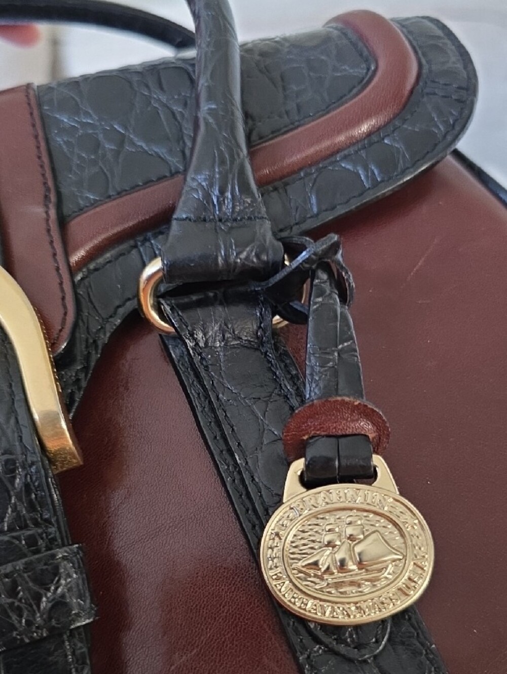 Vintage Brahmin Black Croc-Trim and Brown Leather Satchel - Picture 4 of 14